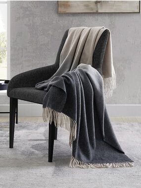 NWT Michael Aram Ombre Throw Blanket in Grey/Linen with Fringe. 100% Wool